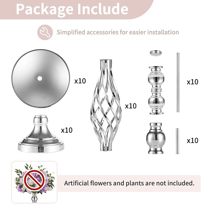Set of 10 Versatile Silver Flower Arrangement Stand, Pillar Candle Holder Set for Wedding Party Dinner Centerpiece Event Restaurant Hotel Decoration (Silver, 10 x L)