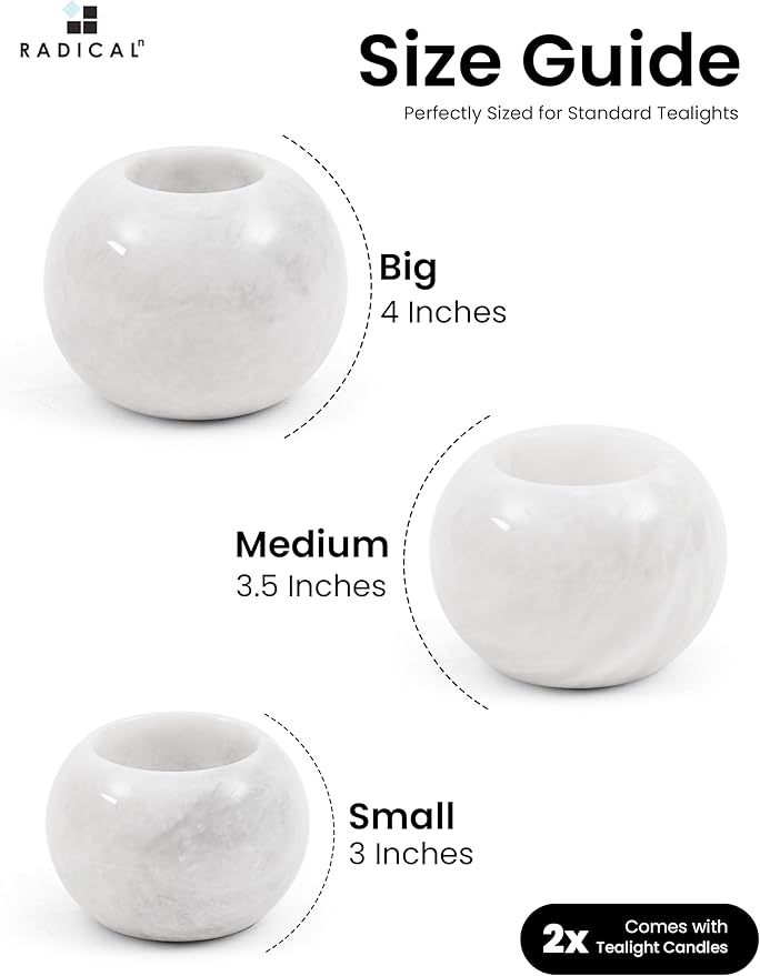 Radicaln Marble Tealight Candle Holder 4" Inches Handmade White Decorative Candle Accent for Wedding Table, Modern Farmhouse Dining Table Centerpiece, Ideal Set of 3 Small Votive Candle Holder