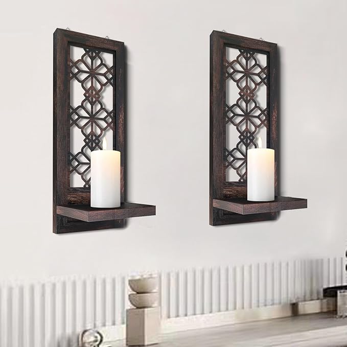 Set of 2 Candle Sconces, Farmhouse Accent Wall Sconce, Caramel Color Candle Holder Wall Decorations for Home Décor, Living Room, Dining Room.(15 x6 in)