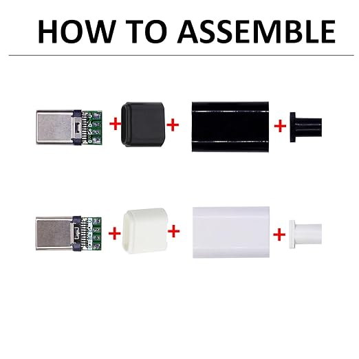 20 Set USB C Male Connector Kit DIY, 24 Pin Type C Plug Repair kit with PCB Board and Housing(Black + White)