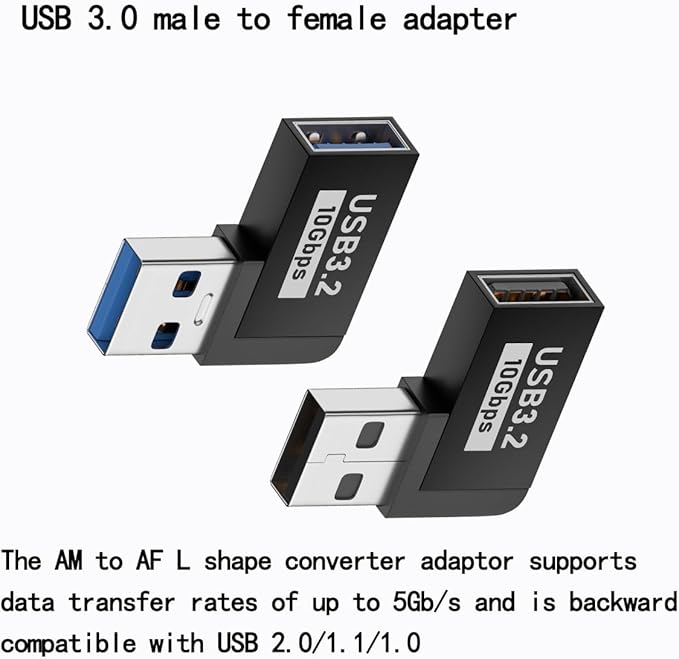 2 Pack USB 3.0 Adapter 90 Degree Male to Female Combo Vertical Up and Down Angle Coupler Connector，USB 3.0 Male to Female 90 Degree Right Angle Extension Adapter
