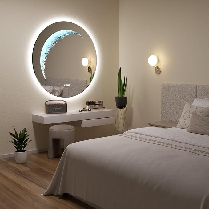 30'' Circle LED Mirror, Frameless Round Smart Mirror with Backlit & Half Moon Light, Anti-Fog, 3 Color Modes, Dimmable Wall-Mounted LED Vanity Mirrors for Bathroom, Bedroom, Entryway