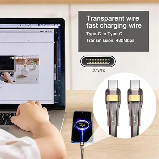NFHK USB-C Type C to USB-C Ultra Slim Flat Power USB2.0 Data Cable 65W Fast Charge for Laptop Tablet Phone 100cm