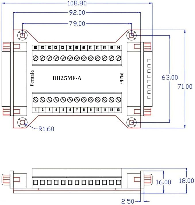 2PCS DB25 Male Female Connector in One Breakout Board, RS232 D-SUB Serial to 25-pin Port Adapter Module