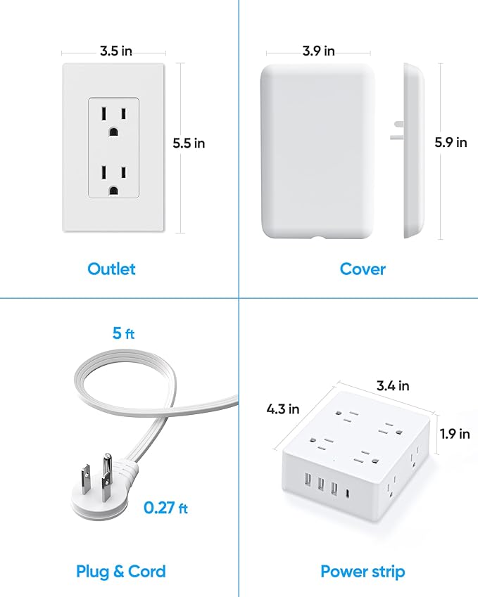 Flat Extension Cord with Outlet Cover, Olcorife Flat Plug Power Strip with 8 Outlets and 4 USB Ports, 2000 Joules Surge Protector, 10 FT Cord Hidden Outlet Extender for Tight Spaces