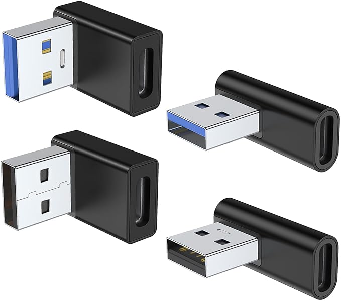 AreMe 90 Degree USB to USB C Adapter 4 Pack, Up and Down Angle, Left and Right Angle Type C Female to A Male Converter Extender for PC, Laptop, USB A Charger, Power Bank and More (Black)