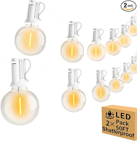 100ft 2-Pack Outdoor String Lights,Dimmable G40 LED String Lights with 52 Shatterproof Clear Bulbs UL Approval Waterproof Globe 1W 2700K Outdoor Lighting for Backyard Porch Cafe Party Wedding Garden