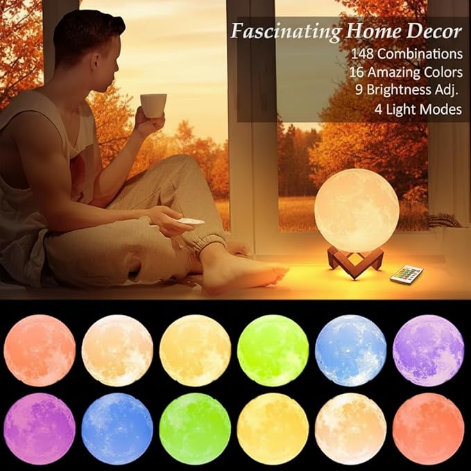 Mydethun 7.1 Inch Large 16 Colors Moon Lamp – 148 Combination Modes, Remote/Touch Control, Rechargeable LED Night Light, Thanksgiving Décor, Gifts for Women, Party Favors Décor