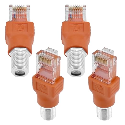 4PCS F-Type Female to RJ45 Male Coaxial Converter Ethernet Adapter, Coax Straight Connector for Cable Line Tester Monitor Digital Signal Compatible, Orange