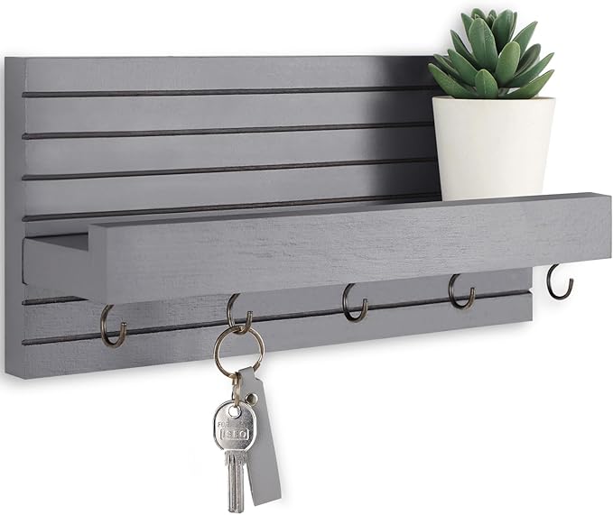 Decorative Key Holder for Wall with Shelf, Entryway Shelf with Hooks Holds Leashes, Jackets and Glasses – Sturdy Wood Keyholder Entrance Hanger with Mounting Hardware (Gray, Medium)