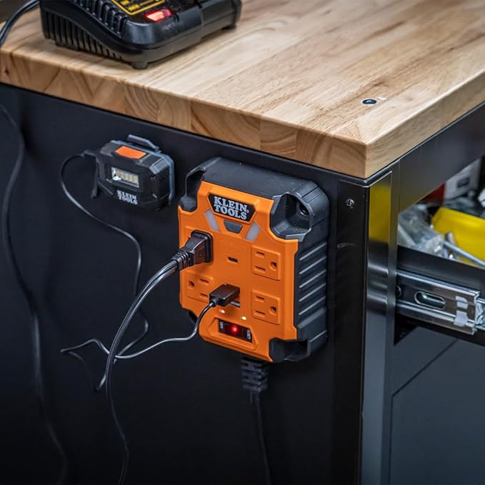 Klein Tools 29601 Magnetic Power Strip with Surge Protector, Extension Cord, 4 Outlets, 3 USB Ports, 5-Foot Cord, Power Supply Box with Light, PowerBox 1, Heavy Duty
