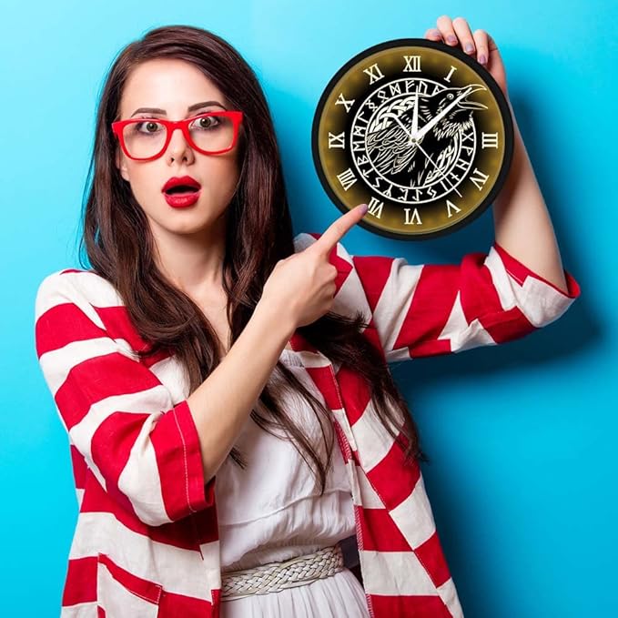 Geek Alerts Voice Control LED Lighting Clock, Cawing Black Crow with Roman Numerals Wall Clock Viking Odin Raven with Scandinavian Runes Silent Sweep Watch