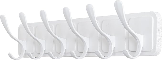 SKOLOO Coat Rack Wall Mount - Scandi-Style Wooden Carved-Block Coat Hook, Wall Coat Hanger with 6 Hooks for Hanging Coats, Hats, Clothing, Scarfs, White