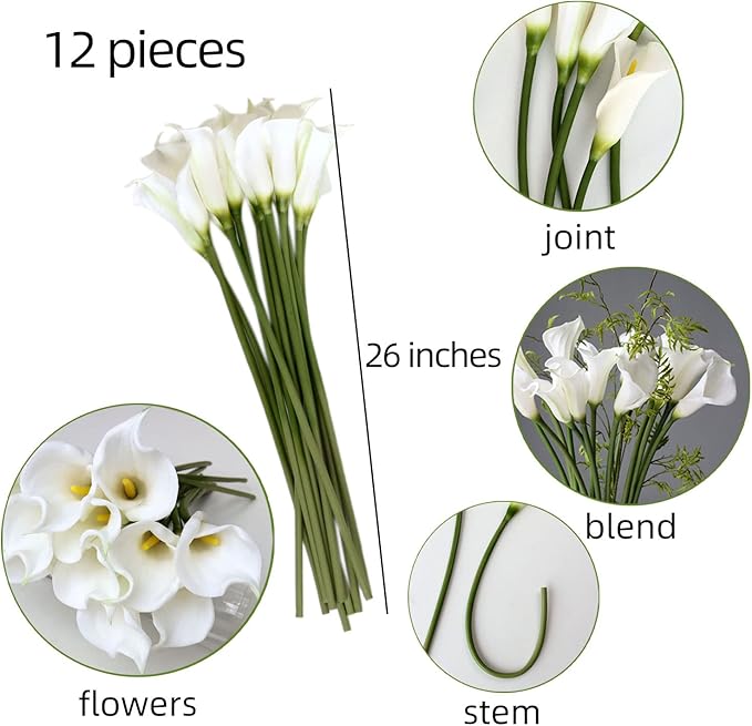 12 Piece 26" Calla Lily Artificial Flowers,Real Touch Long Stem Faux Calla Lillies for Tall Vases,Indoor Wedding Office Home Decor (White)
