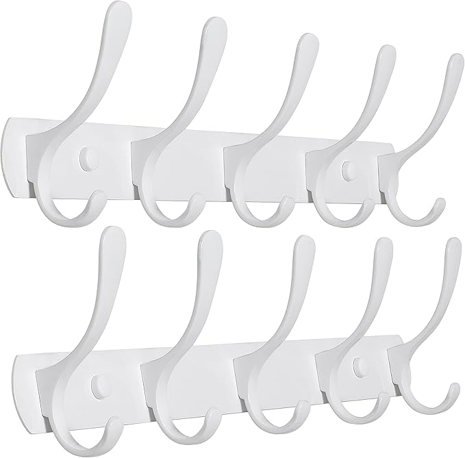 SKOLOO Modern Metal Wall Coat Rack with 5 Hooks, Pack of 2, Sturdy Wall Hook Rack for Hanging Coat, Jacket, Clothes, Hat, White