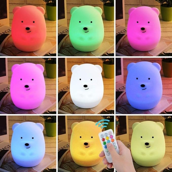 Animal-Shaped Night Light, Rechargeable LED Soft Silicone (BPA Free) Bedside Lamp for Children/Adults, Adjustable Brightness and 9 Colors by Touch Control & Remote Control (Big Bear)