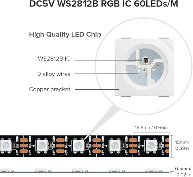 SEZO WS2812B LED Strip Light 3.3FT/1M 60LEDs/m Individually Addressable Programmable 5050SMD Digital RGB Alloy Wires Flexible Dream Color IP30 Non-Waterproof PCB Black DC5V