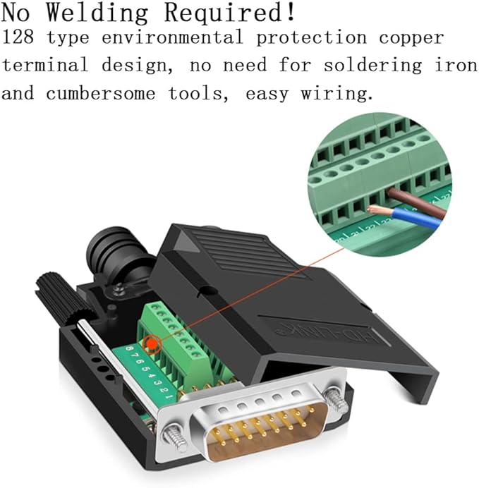 10PCS DB15 Solderless Connector, RS232 D-SUB Serial to 15-pin Port 16mm Thinner Terminal Male Adapter Breakout Board with Case Long Bolts Nuts