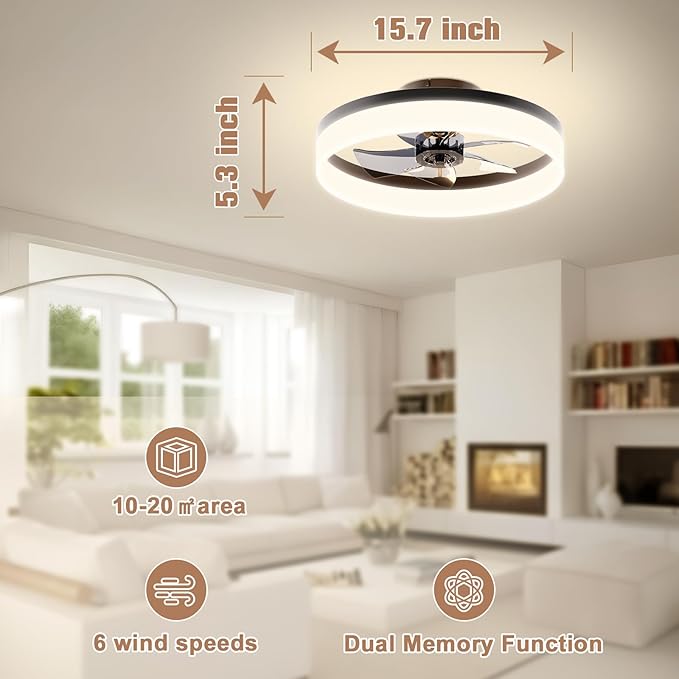 VOLISUN Low Profile Ceiling Fans with Lights and Remote,15.7in Modern Ceiling Fan Flush Mount,3000K-6500K Dimmable Bladeless LED Fan Light,Black Fandelier Ceiling Fans with Lights for Bedroom