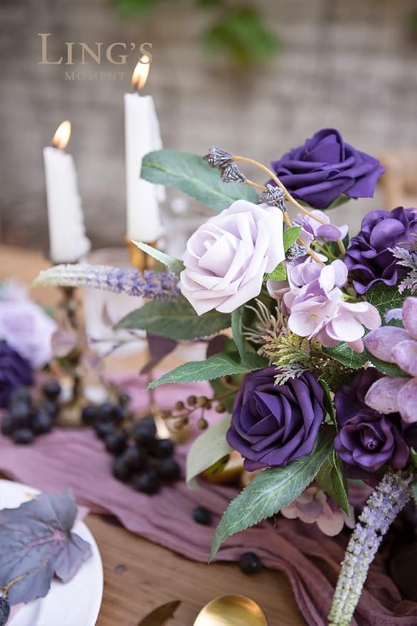 Ling's moment Artificial Flowers 25Pcs Deep Purple Roses Decor w/Stems,3" Real Touch DIY Foam Floral for Wedding Bouquet/Centerpieces, Outdoors Party Backdrop, Room/Table, and Garden/Pot Decorations