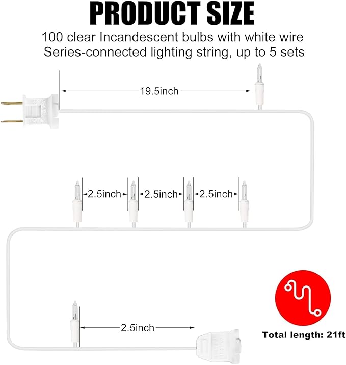 LIDORE Super Bright Clear Mini Christmas Tree String Lights, Gift for Decoration, 21.45FT 100 Count Bulbs with White Cord, UL Listed Indoor Outdoor Lighting for Holiday (White Cable, 2-Pack)