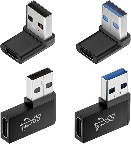 90 Degree USB to USB C Adapter (4 Pack), Vertical Up and Down Angle, Horizontal Left and Right Angle USB A Male to Type C Female Extender Connector