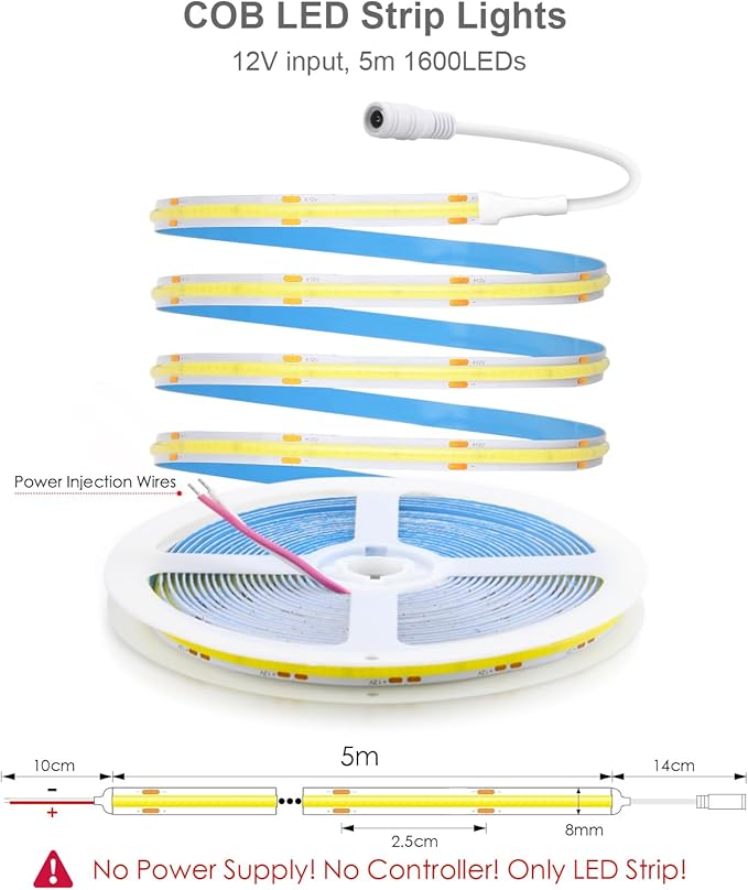 ALITOVE 16.4ft COB Warm White LED Strip Lights 12V 8mm 1600 LEDs High Density LED Tape Light CRI>90 Uniform Glow Diffused COB Led Strip for Indoor Home Bedroom Ambient Lighting(No Adapter & Dimmer)