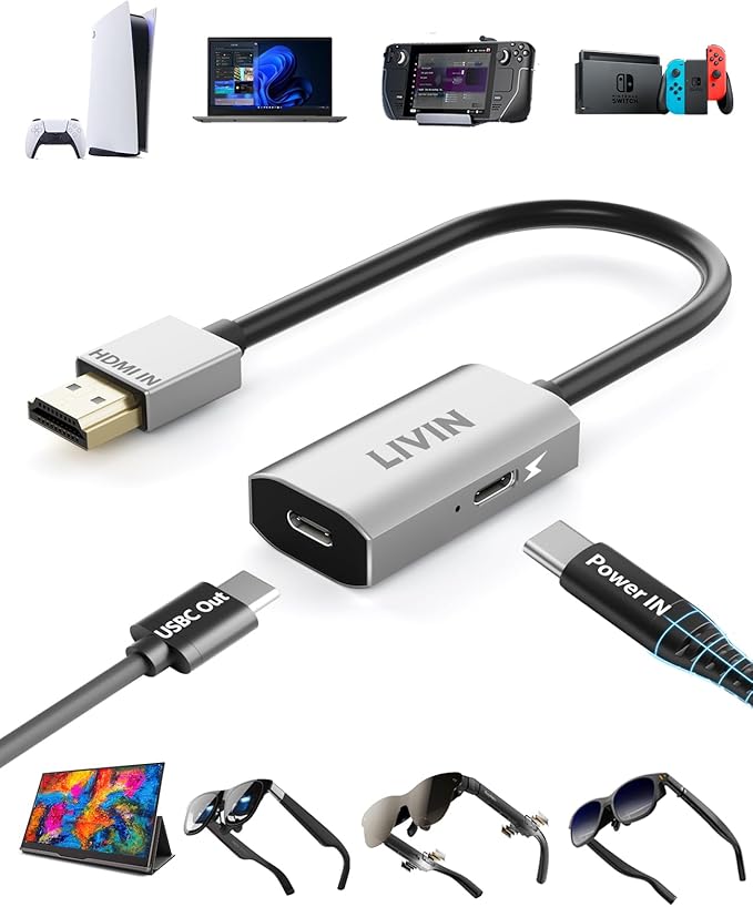 HDMI to USB C Adapter (4K@60Hz) Portable Monitor, AR Glasses XREAL One Air 2 Pro/VITURE Luma/RayNeo Air 3s/Rokid,HDMI Male(Source) to USB C Female(Display) Laptop,PS4/5,Xbox,Switch,ROG Ally,Steam Deck