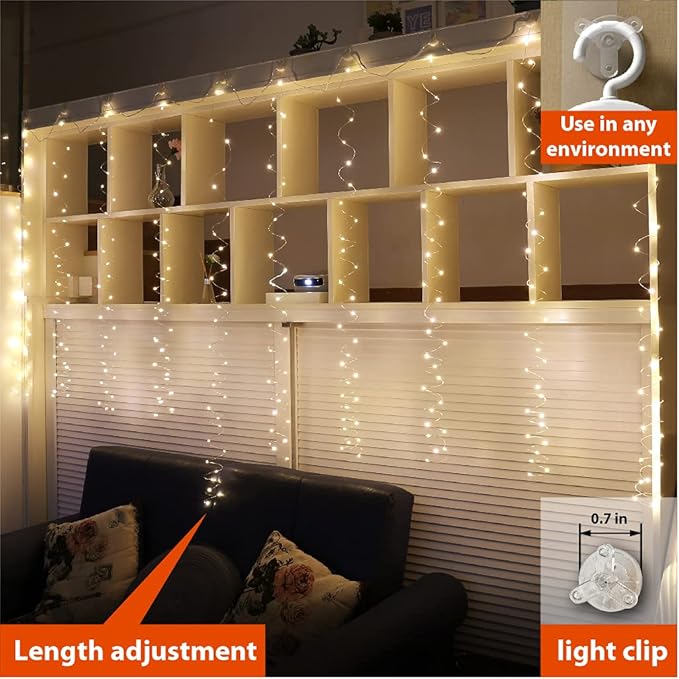 ZSJWL 2 Pack Curtain Lights, 300 LED Curtain Fairy Lights with Remote, 8 Modes 9.8 × 9.8 Ft Curtain String Lights, USB Plug in Copper Wire Lights for Bedroom Window Chrismas Wedding Party, Warm White