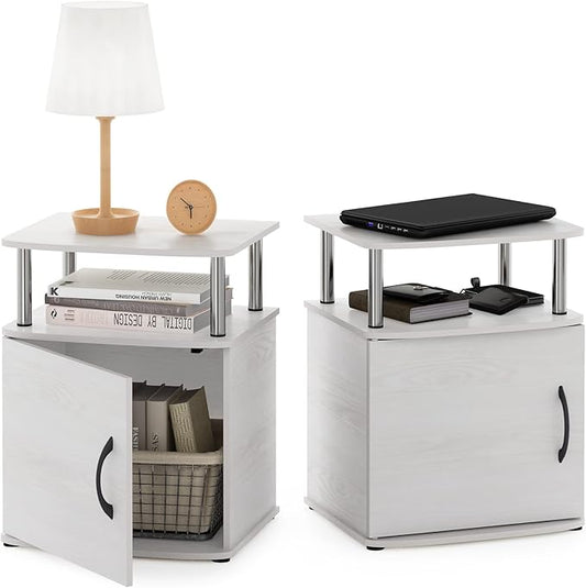 Furinno Jaya End Side Sofa Table/Nightstand with Door, 2-Pack, White Oak/Stainless Steel Tubes