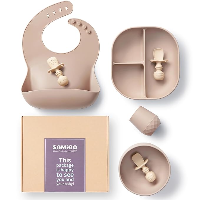 SAMiGO Silicone Baby Feeding Set, Baby Led Weaning Supplies, Suction Bowl Plate Bib Cup Self Feeding Spoons, Solid Food Eating Essentials, First Stage Utensils, 6+ Months