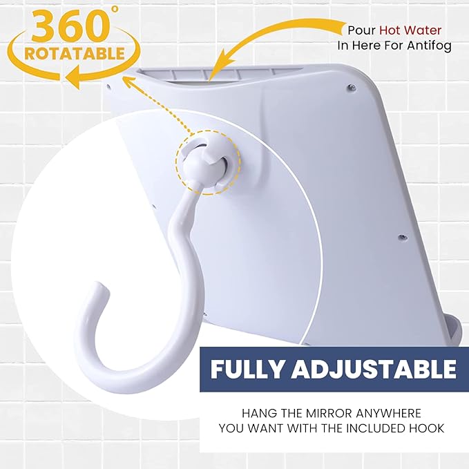 MIRRORVANA Dual Anti Fog Shower Mirror for Shaving, Shatterproof Fogless Design with Hook for Hanging - Fill Back Chamber/Reservoir with Hot Water for Fog-Free Shave - 8" x 7" (White)