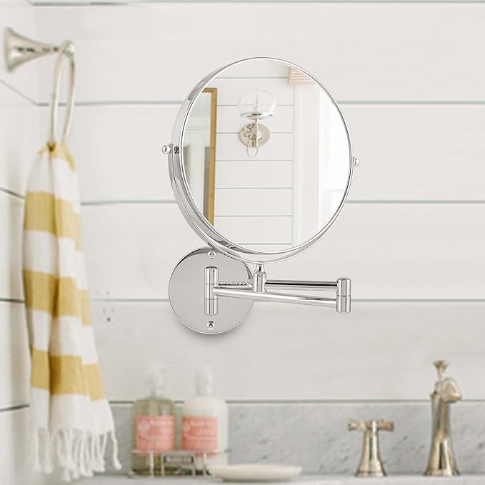 OVENTE 9" Wall Mounted Makeup Mirror with 1X/10X Magnification, Double Sided Magnifying Round Bathroom Vanity Mirror, 360° Swivel Design, Extendable and Folding Arm, Polished Chrome MNLFW90CH1X10X