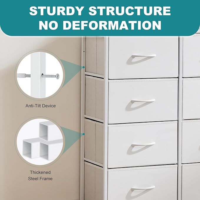OLIXIS Dresser for Bedroom, Drawer Dresser Organizer Storage Fabric Storage Tower, Chest of Drawers with 8 Easy Pull Fabric Bins, Steel Frame, Wood Top for Living Room, Closet, Entryway, Hallway