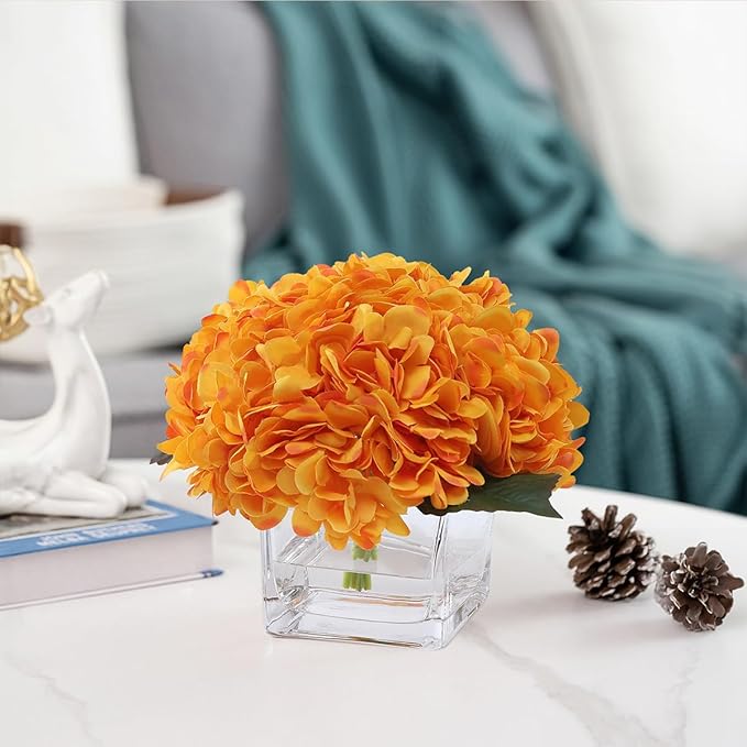 Silk Hydrangea Artificial Flowers in Vase with Faux Water, Silk Flower Arrangements in Vase for Wedding, Dining Table, Living Room (Orange)