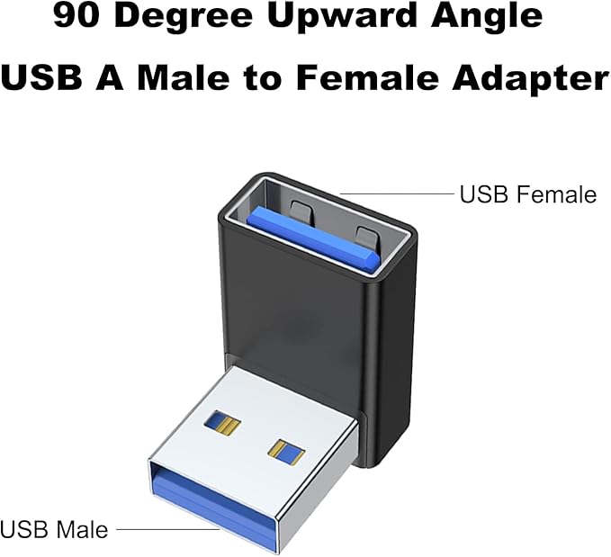 AreMe 90 Degree USB 3.0 Adapter 2 Pack, Upward Angle USB A Male to Female Converter Extender for PC, Laptop, USB A Charger, Power Bank and More (Black)