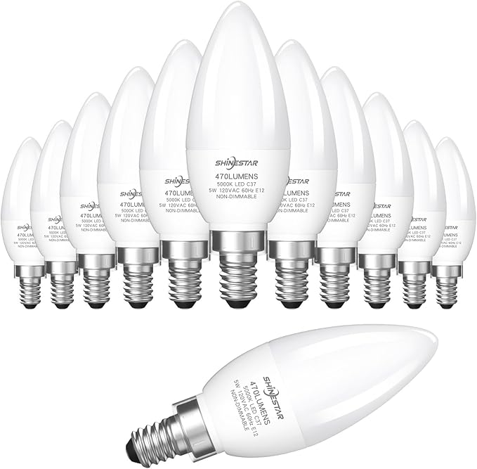 SHINESTAR 12-Pack E12 LED Candelabra Light Bulbs 40 Watt Equivalent, 5000K Daylight, Chandelier Bulb, 6W B11 Candle Small Base Ceiling Fan Light Bulbs, Non-Dimmable,12 Count (Pack of 1)