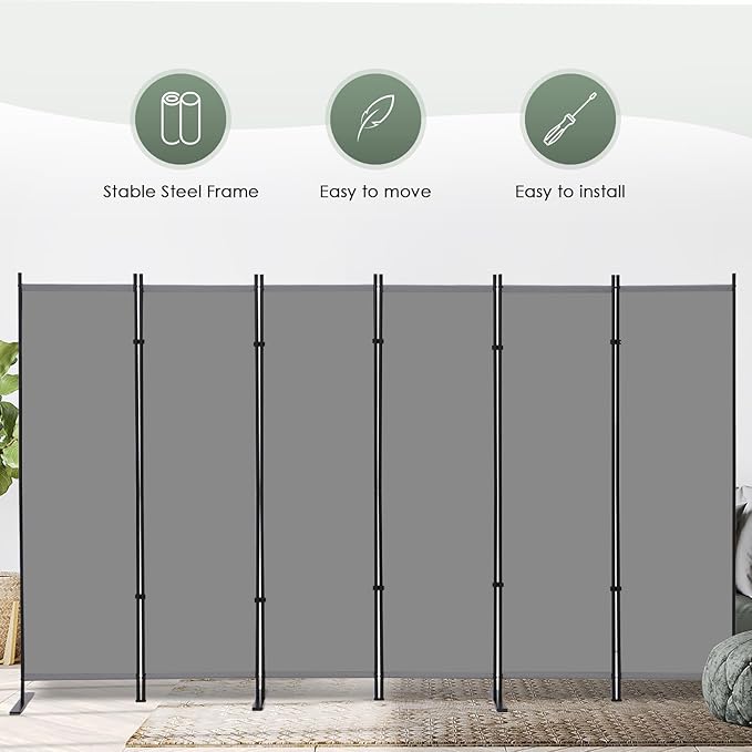 RANTILA 6 Panel Room Divider, 6 FT Folding Privacy Screen with Wide Feet, Freestanding Partition for Room Separation, Portable Room Divider Panel, 133" W x 71" H, Grey