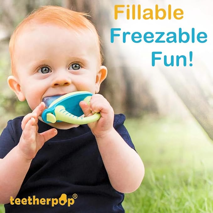 Teetherpop Fillable Silicone Teether for Babies – Breastmilk Popsicle Molds for Teething with Spill-Proof Sippy Slits – Freezable Baby Teethers for Liquids & Purées - Cooling Teething Relief -BlueLime