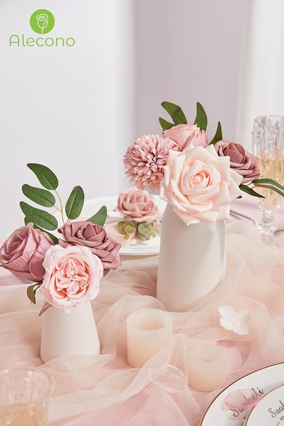 Alecono Artificial Flowers, Dusty Pink Silk Fake Flowers for DIY Wedding Bridal Bouquets, 𝙎𝙚𝙩 𝙤𝙛 𝟮, Wedding Cake Flowers for Table Centerpieces Baby Shower Birthday Party Home Decorations