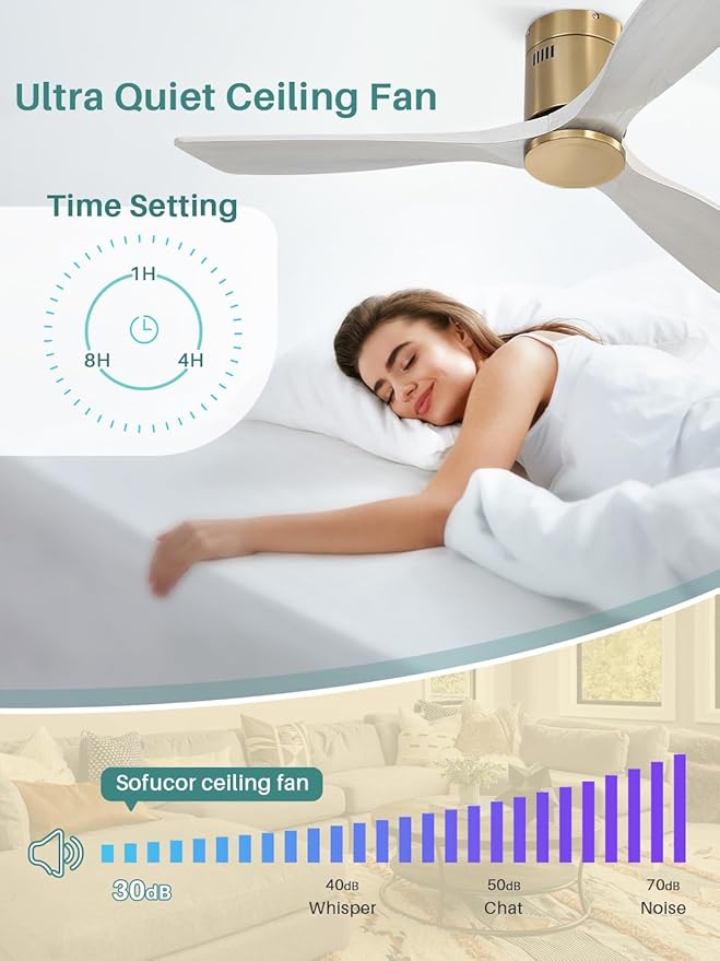 Sofucor 52 Inch Smart Ceiling Fan Without Lights Flush Mount Solid Wood Ceiling Fan with Alexa/Google Assistant/APP/Remote Control-Modern Outdoor Ceiling Fans No Light for Bedroom/Patio, Grey Gold