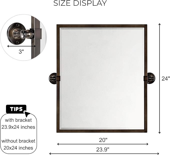 TEHOME Pivot Mirror Oil Rubbed Bronze Tilt Rectangle Bathroom Mirror Tilting Metal Framed Beveled Vanity Mirrors, Overall 23.9 x 24 inches (Mirrror 20 x 24 inches)