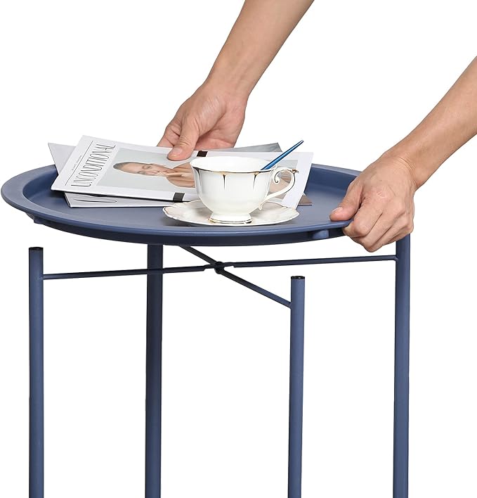 VECELO Side/End Table, Folding Round Metal Anti-Rust and Waterproof Outdoor or Indoor Tray for Living Room Bedroom Balcony and Office, 2 PCS, Blue