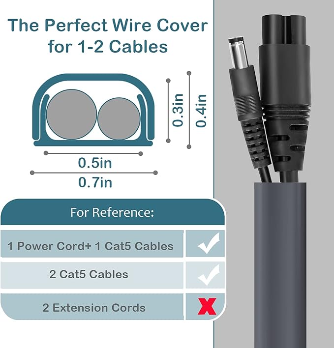 ZhiYo Wire Covers for 2 Cords, Wire Hider on Wall Mounted, 68in Cord Cover Kit, Cable Cover Paintable, Cable Concealer for Extension Cord, Ethernet Cable, Speaker Wire Hider, Grey W0.7in H0.4in