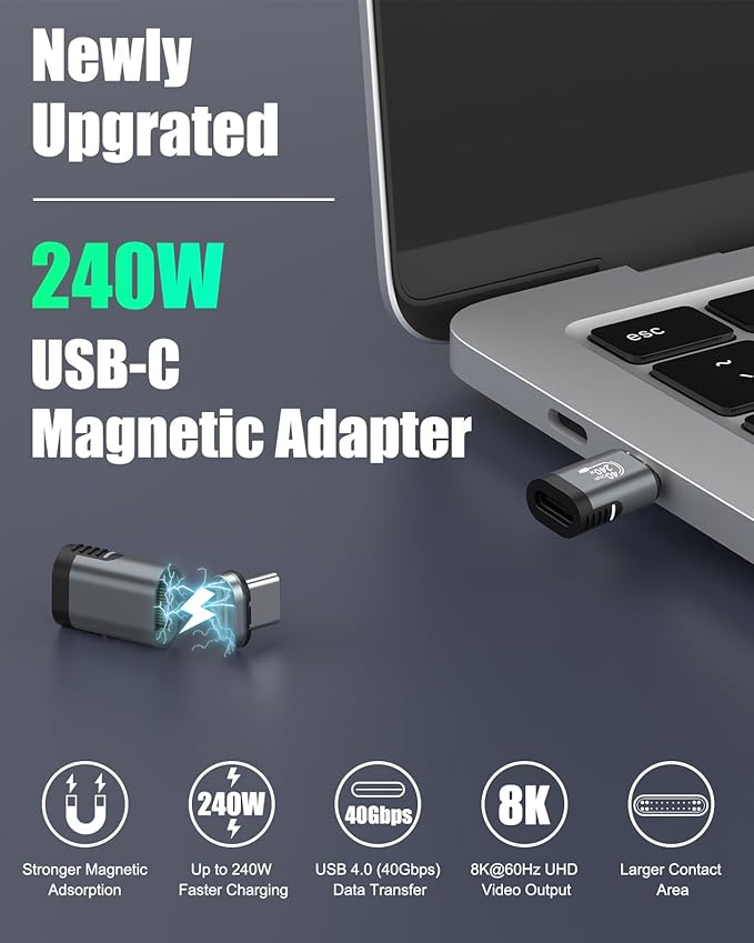 MoKo USB C Magnetic Adapter 2 Pack, Magnetic Breakaway USB C Adapter with PD 240W/8K Video/USB4 40Gbps for Thunderbolt 3/4, MacBook Pro/Air/ROG Ally/Steam Deck/PS Portal/iPhone 15 Series, Straight