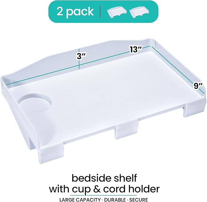 Modern Innovations 2 Count Bedside Organizer for Bed – Clip On Tray with Cup & Cord Holder – for College Dorm, Top Bunk, or Kids Bedroom (White)