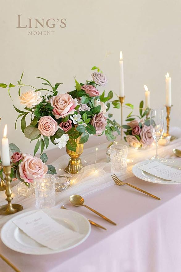 Ling's moment Artificial Flowers Fake Silk Roses Faux Foam Flower Combo for DIY Wedding Bouquets Centerpieces Arrangements Bridal Shower Party Home Decorations, Dusty Rose & Cinnamon Rose, 26pcs
