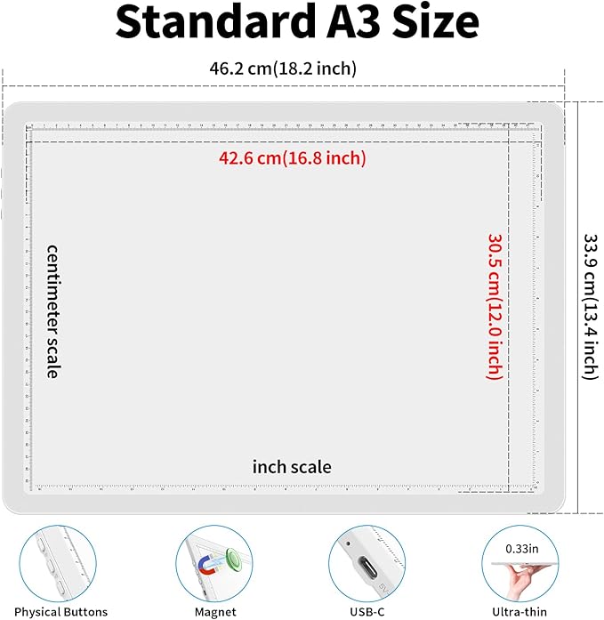 Phylosal Rechargeable A3 LED Light Pad for Diamond Painting, Ultra-Thin Magnetic Tracing Light Box for Drawing, Diamond Art Light Board with Side Button, Super Bright Light Table for Sketching (White)
