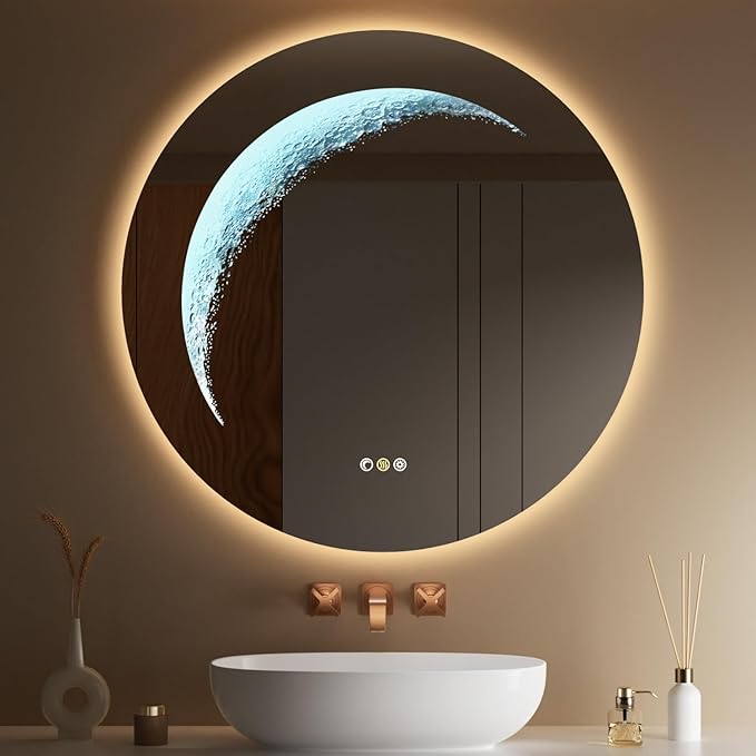 30'' Circle LED Mirror, Frameless Round Smart Mirror with Backlit & Half Moon Light, Anti-Fog, 3 Color Modes, Dimmable Wall-Mounted LED Vanity Mirrors for Bathroom, Bedroom, Entryway
