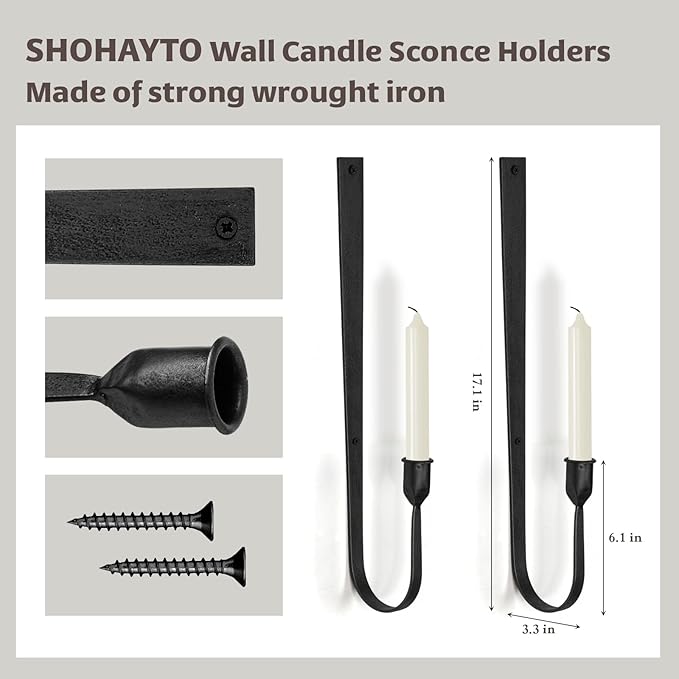 Black Wall Candle Holder Set of 2, Metal Wall Mount Candle Sconces Holder, Modern Wall Decoration for Living Room, Dining Room, Fireplace, and Weddings